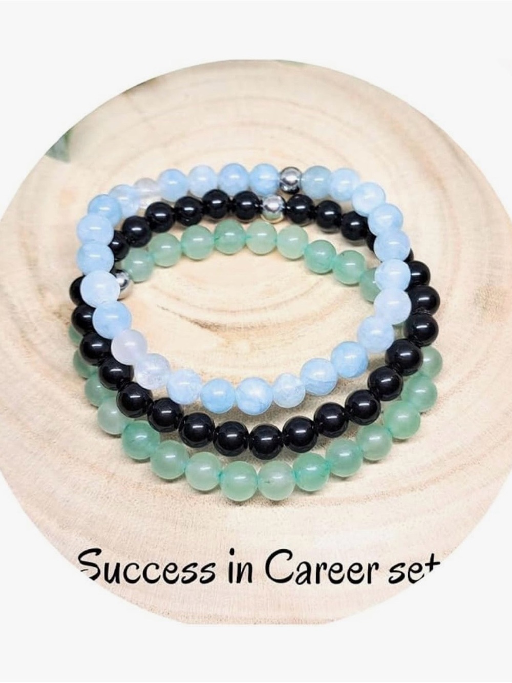 Beaded Bracelet Stack - Light Blue, Black & Green Trio